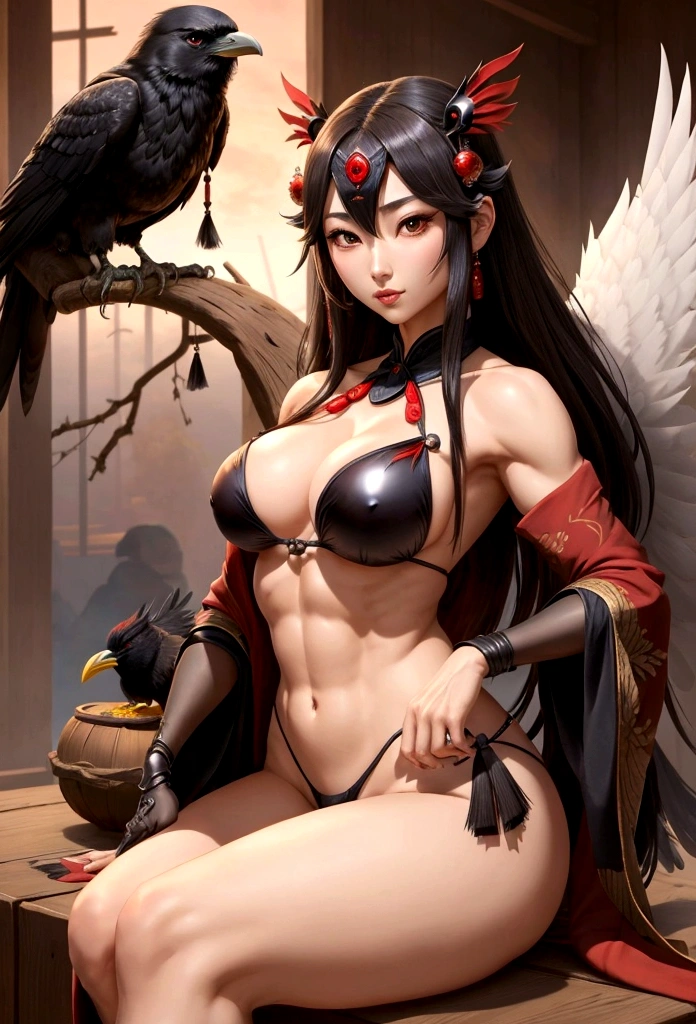 Beautiful female Tengu、and、Muscular、Large Breasts、Crow