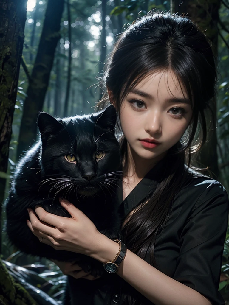 Practical, high resolution, High-resolution details,Beautiful Korean beauty in the forest,Holding a black panther,Domineering and sharp eyes,night