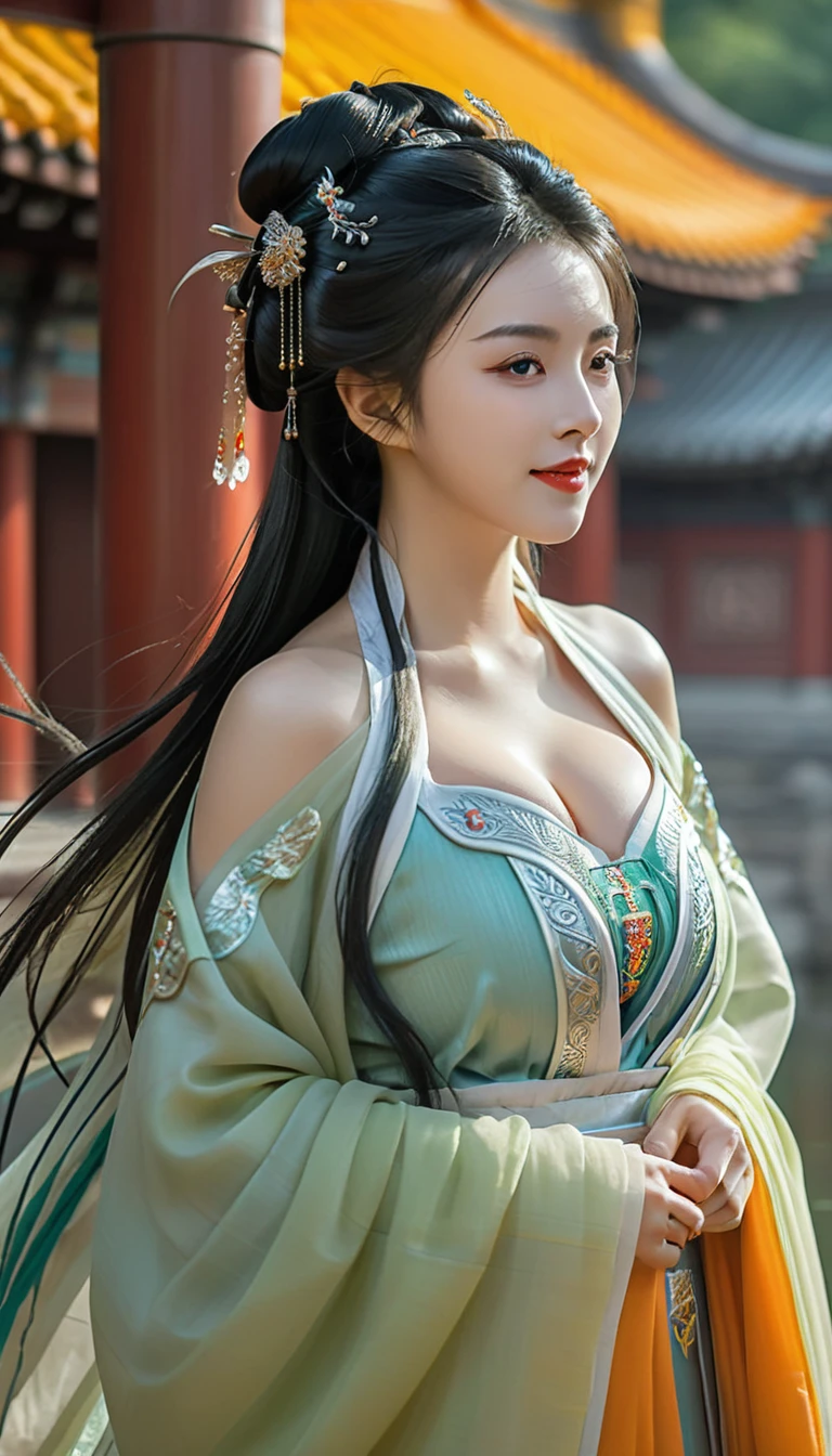 Ultra realistic,Intricate,Epic movie scene),1girl,hanfu,full body,(huge breasts:1.7),casting an otherworldly radiance on its surroundings,(Intricate, Lots of tiny details, amazing lighting, amazing setting),(Colorful, Ultra Realistic, High quality, Highly detailed, Sharp focus, 8K UHD, Ultra realism,(smile:0.3),,,,,seductive smile,off shoulder,,