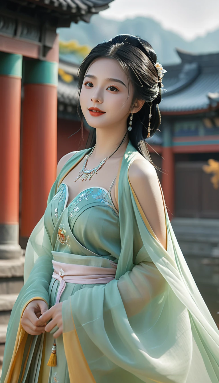 Ultra realistic,Intricate,Epic movie scene),1girl,hanfu,full body,(huge breasts:1.7),casting an otherworldly radiance on its surroundings,(Intricate, Lots of tiny details, amazing lighting, amazing setting),(Colorful, Ultra Realistic, High quality, Highly detailed, Sharp focus, 8K UHD, Ultra realism,(smile:0.3),,,,,seductive smile,off shoulder,,