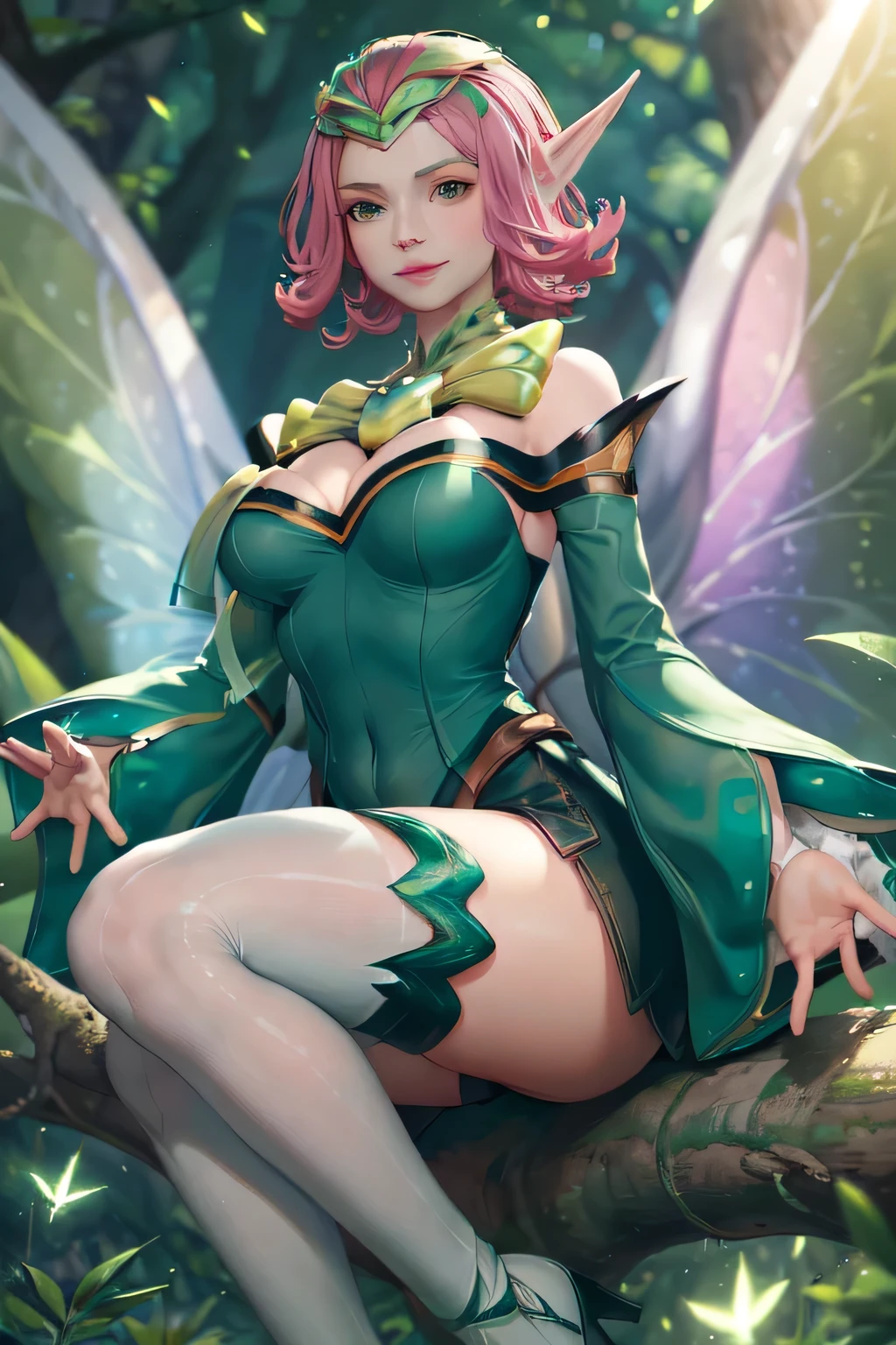((big breasts)), 1girl, solo, smile, short hair, thighhighs, dress, cleavage, jewelry, medium breasts, green eyes, pink hair, detached sleeves, green hair, wings, pointy ears, wide sleeves, tree, bug, green dress, fairy wings, fairy, butterfly wings, 4 wings, forest, magical light, iridescent, (( green glowing)), (masterpiece,best quality:1.5), soft lighting,gorgeous light and shadow ,stunning environment ,vibrant colors, Sunny, Alex Maleew, beautiful face