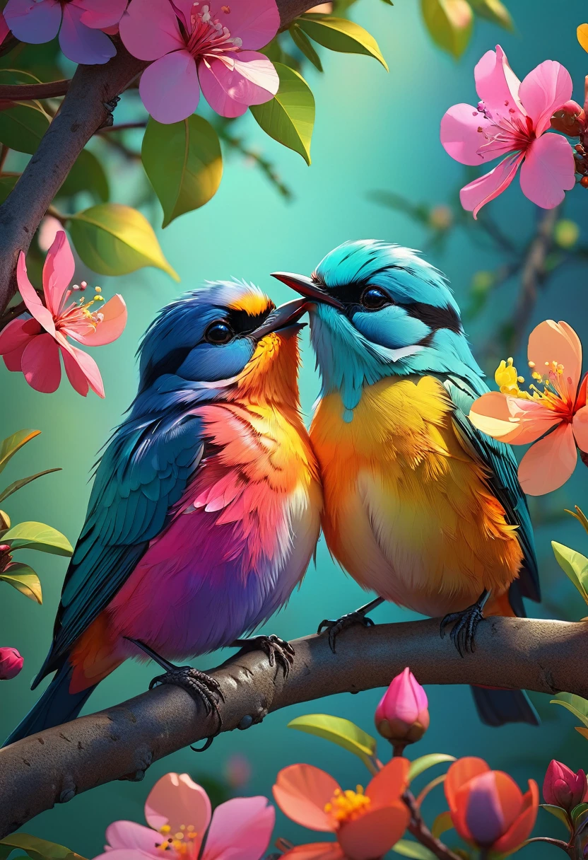 Two beautiful little colorful birds perched on a tree branch with flowers in the background, Kissing face to face,Beautiful digital art, Colors with attention to detail, Highly detailed digital artwork, cgsociety, 3DCG,Highly detailed color low poly art, Highly detailed digital art, Vibrant and realistic colors, Beeple and Jeremiah Kettner, Colorful digital painting, Amazing digital illustrations, high quality digital painting