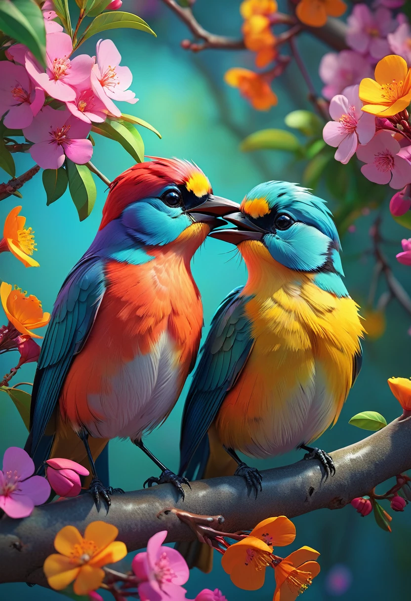 Two beautiful little colorful birds perched on a tree branch with flowers in the background, Kissing face to face,Beautiful digital art, Colors with attention to detail, Highly detailed digital artwork, cgsociety, 3DCG,Highly detailed color low poly art, Highly detailed digital art, Vibrant and realistic colors, Beeple and Jeremiah Kettner, Colorful digital painting, Amazing digital illustrations, high quality digital painting