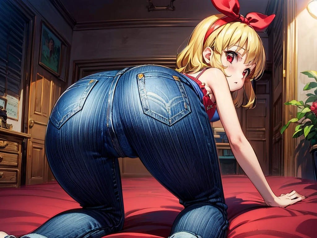 (RED Ribbon on HAIRband:1.2), 1girl, ( :1.4), solo focus, back view, Blonde_HAIR,(from below:1.4),
blush, (small and tiny hip), thin butts, thin thigh, buggy (camisole), (denim pants:1.2),
(kneeling, on all fours:1.2), (looking back, looking at viewer:1.4), (sticking out butts:1.2),
(in the Bedroom), indoors, dutch angle