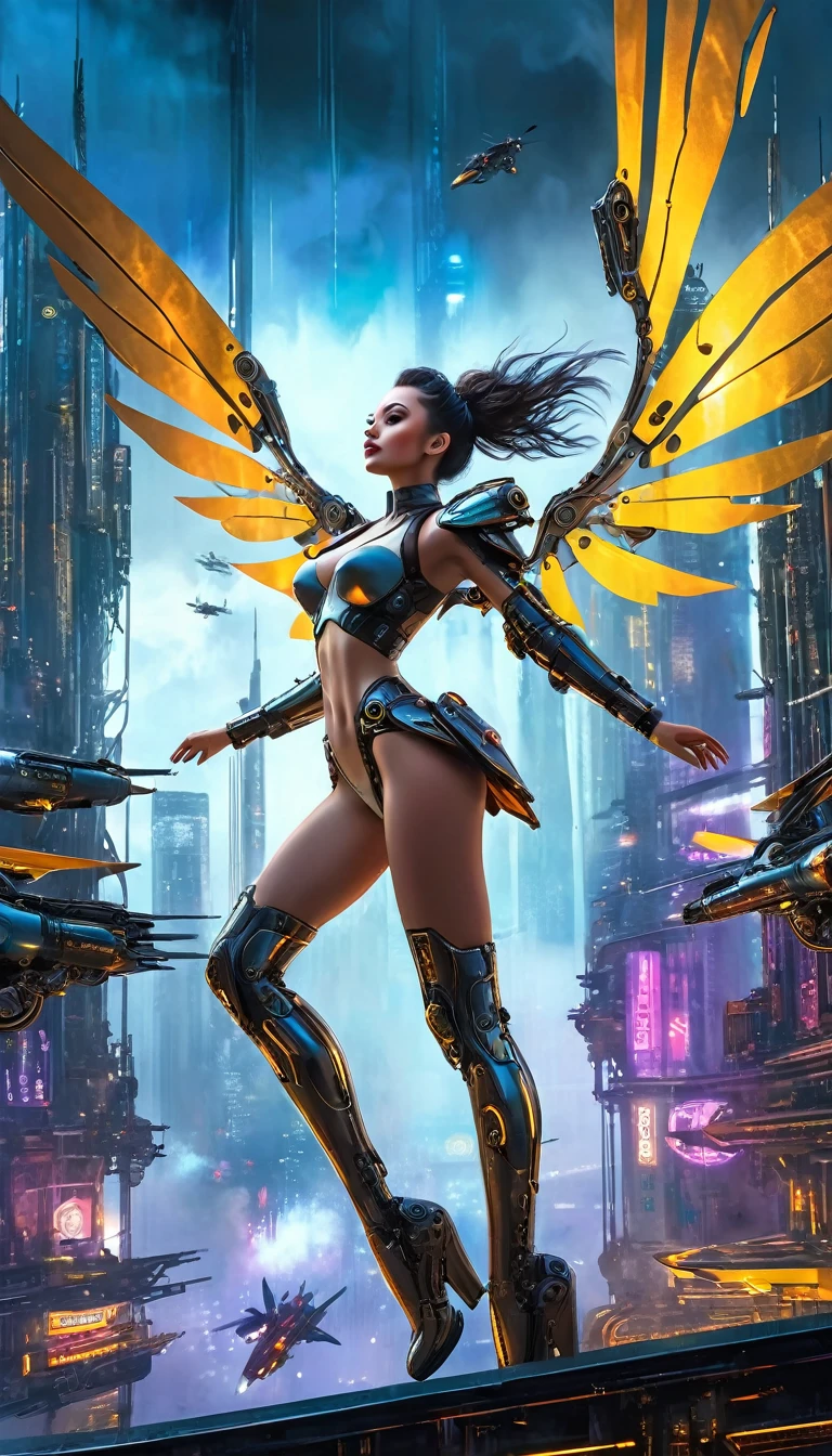 a very sexy woman with metal wings, mechanical wings, flying over an impressive futuristic city, detailed oil painting, dramatic lighting, cinematic composition, intricate machinery, vivid colors, volumetric fog, cyberpunk aesthetic, chiaroscuro lighting, moody atmosphere, hyper detailed, hyperrealistic, award winning, masterpiece, 8k, best quality