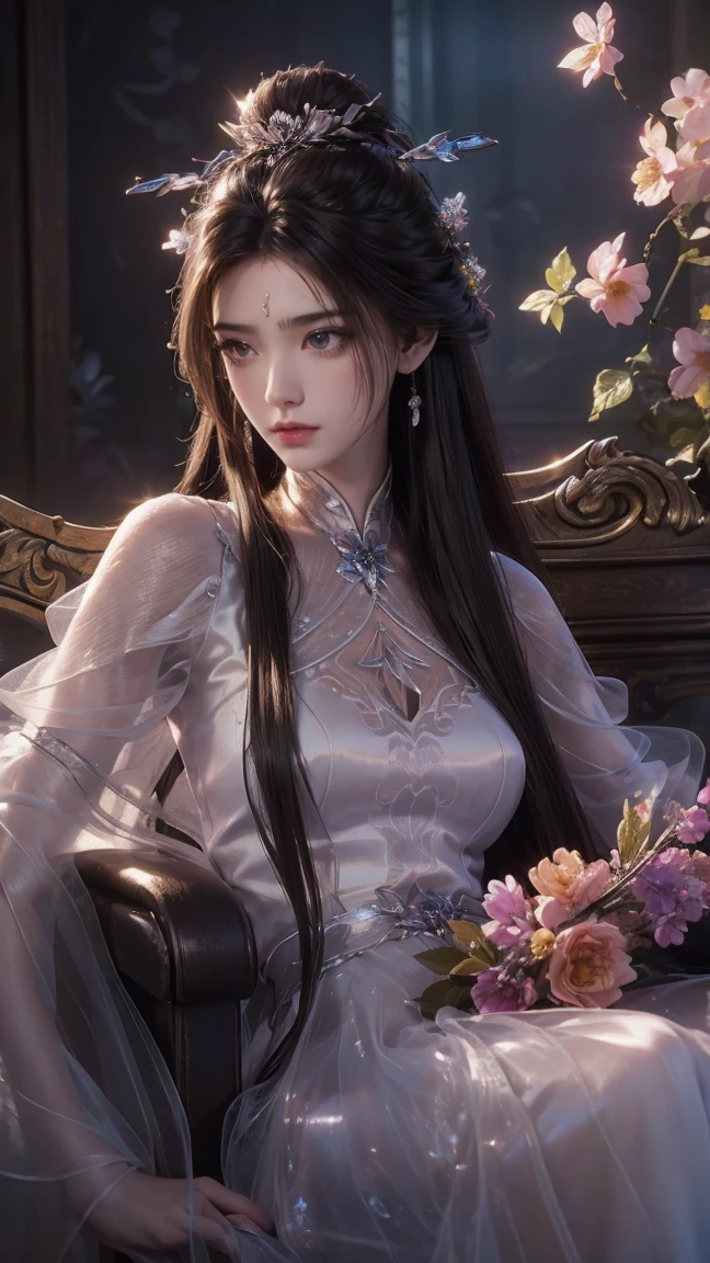 Long flowing brown hair,Fluorescent eyeshadow,Glowing pale eyeoon,Demon-free,Plush earoonlight,Flowing tulle,Best picture quality,Transparent flowers,Gradient petals,Flower hairpin,Noodles