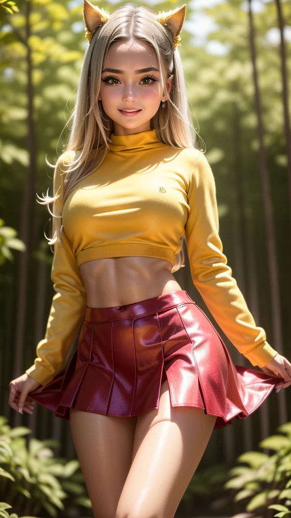 vibrant colors, 1 girl, masterpiece, sharp focus, best quality, depth of field, cinematic lighting, detailed outfit, cat girl, cat ears, cat tail, green eyes, smile, parted lips, (bioluminescence:1.1), cute, (underboob:0.9), (navel:0.9), fur hair ornament, shirt fur costume, (miniskirt made of shirt fur:1.1), (arms behind back:1.1), vast sky, golden sun, looking at viewer,