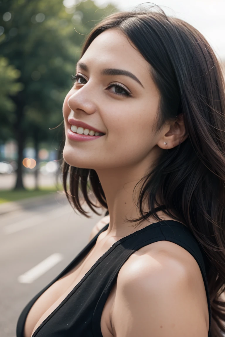 24 years old female, short black hair, pretty makeup, plumpy lips, wearing crop top, polish,slavic face, close up, (profile picture, smiling)