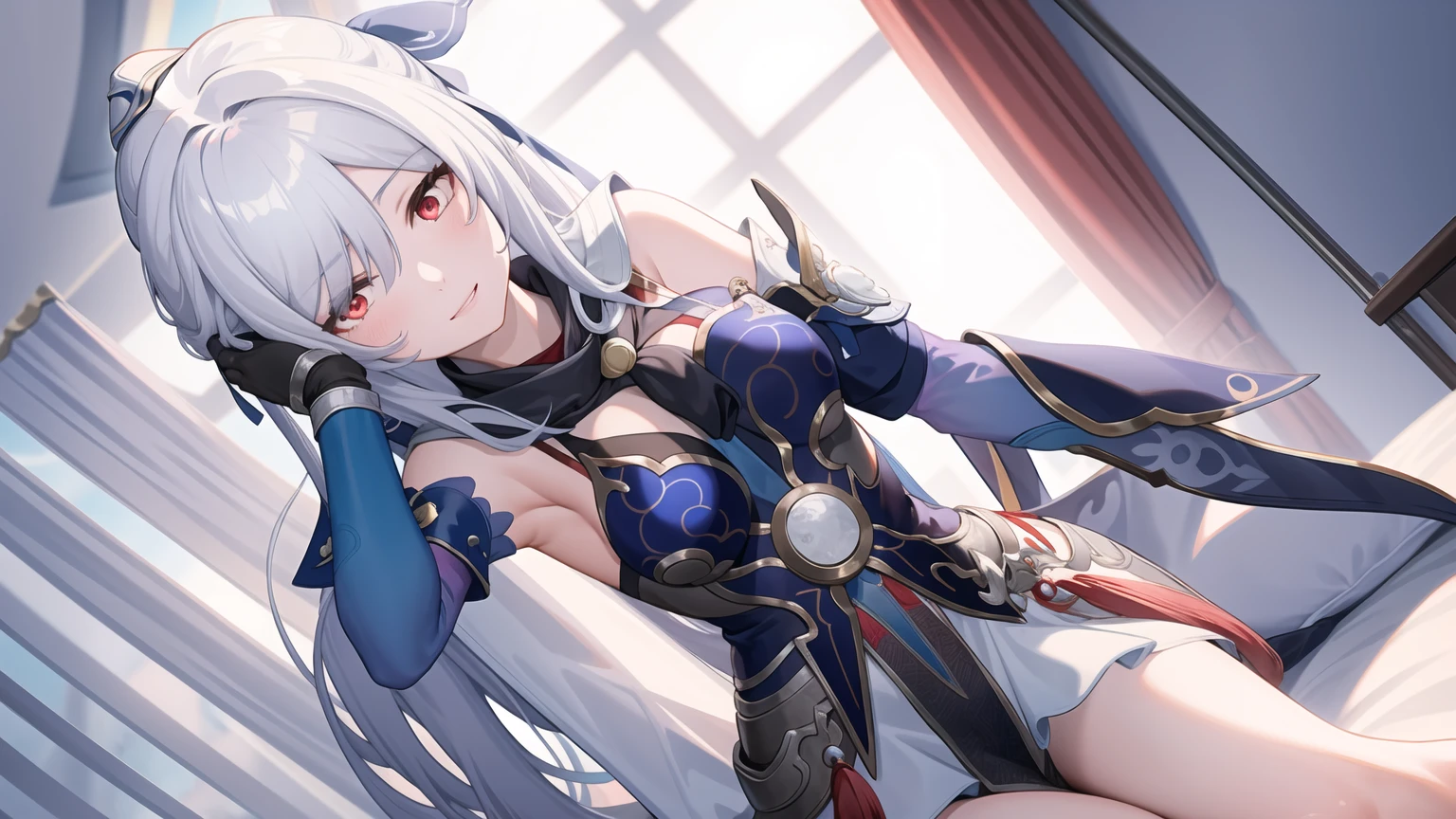 masterpiece, best quality, JingliuV5, 1girl, solo, looking at viewer, red eyes, gloves, dress, white scarf, scarf on neck, sailor collar, white cape, sitting on bed, indoors, bedroom, windows, blue sky, warm smile, upper body.