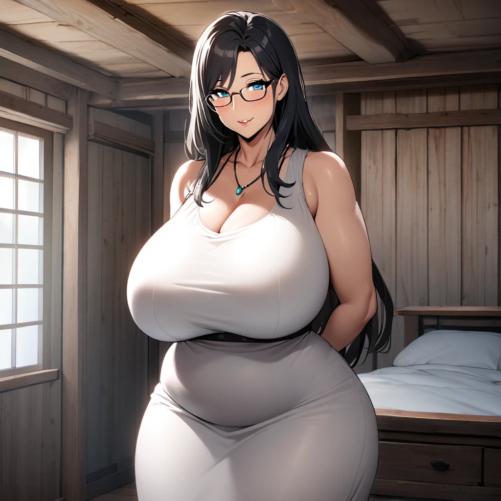 1girl,solo,Mature Woman,mature,Females in heat,Black Hair,long hair,light blue eyes color,Glasses,white dress,mother,gentle,kind face,Super huge breasts,plump,Big thighs,looking at viewer,necklace,standing up,near,countryside,wooden house,in bed room