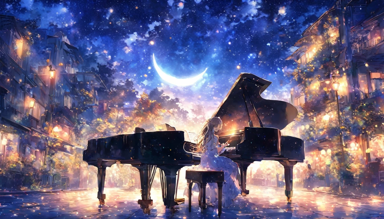 With the moon and stars shining in the sky、Streetscape、Imagine a girl playing the piano by herself.. anime, Colorful、high resolution