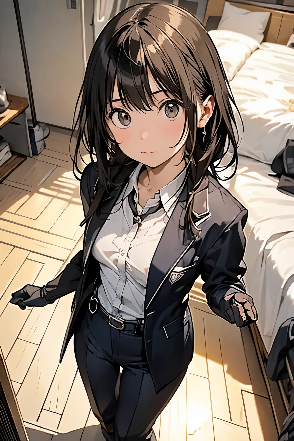 1 female, , high quality, masterpiece, Ultra-high resolution, , Cinema Lighting, , , And the suspenders with the cranes flying　　　Moderate breasts　 　 　　　　Small face　 　　　holster　　　　　　　 Lying in bed　Looking up　　　　Sweat 　　　belt　summer　脇Sweat 　Black Hole Gloves　suit　shirt　　Black jacket　 Black trousers　Leg Links　ズボンにbelt　　holster　 　　Hands behind your back　 Anxious expression　Looking up　Anxious face 