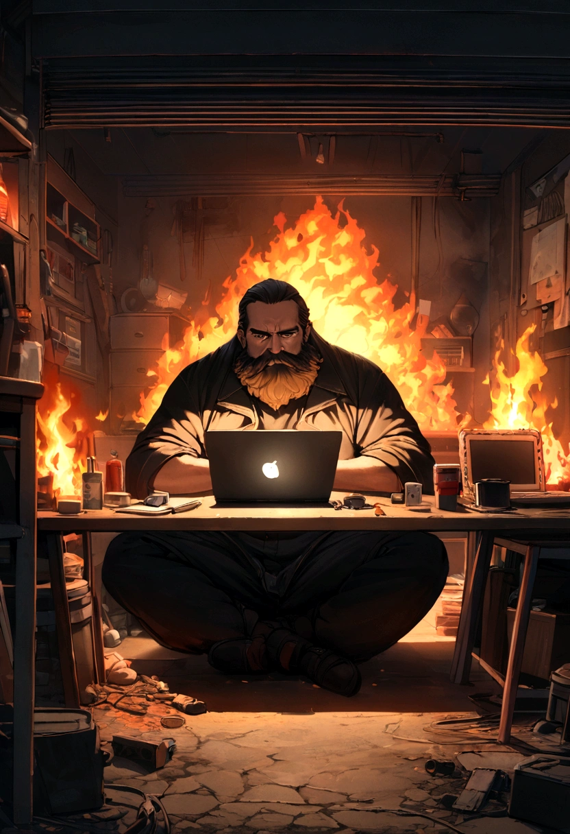 a garage on fire , big macho man Hippy beard style ,facing the camera , john miller , sitting behind a desk , workinf on laptop , facing camera , in a dark garage , the garage is on fire , fire everywhere , ultra detail, high resolution, ultra detailed, best quality, amazing, top quality, extremely detailed CG unity 8k wallpaper, cinematic lighting,