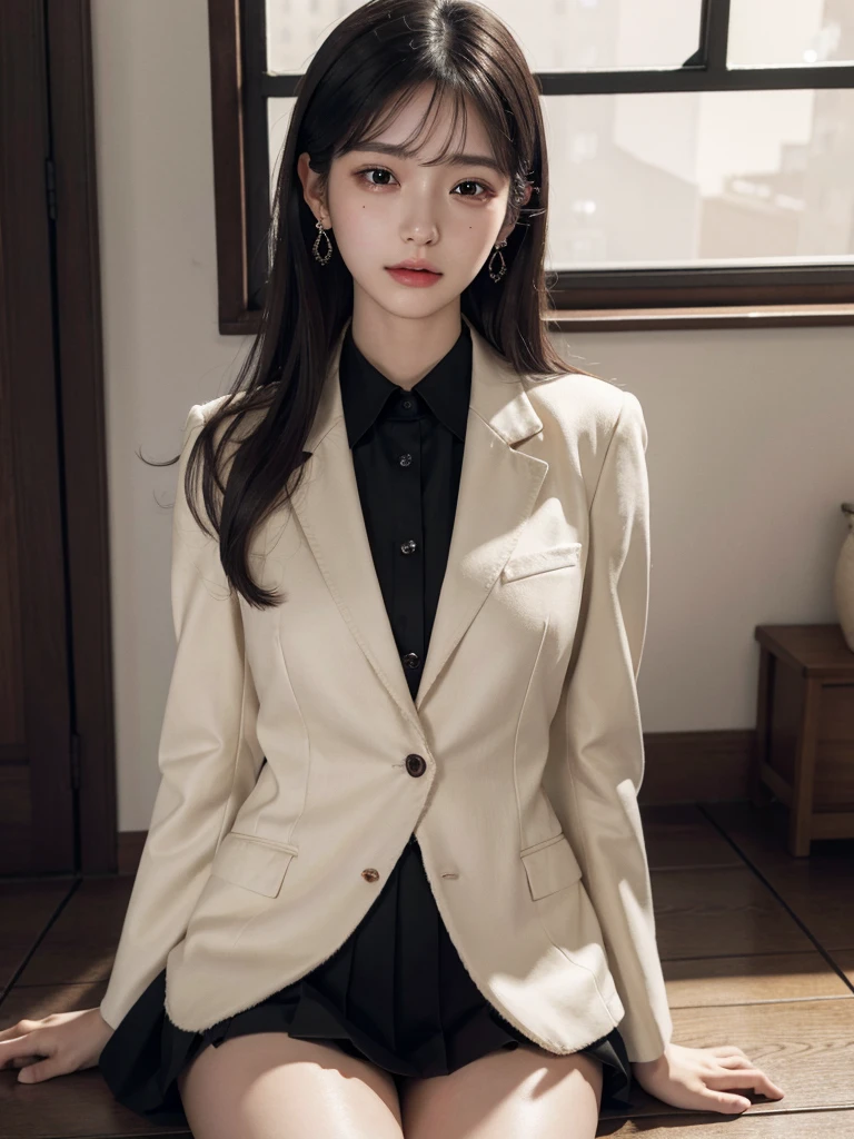 absurdres, RAW photo, extremely delicate and beautiful, masterpiece, Best Quality, ultra high resolution, 32k, hyperrealistic, ultra-detailed, in her 20s, delicate facial features, beautiful detailed girl, tearful mole, earring, medium breasts, full body shot, medium hair, black hair, school_uniform, blazer,