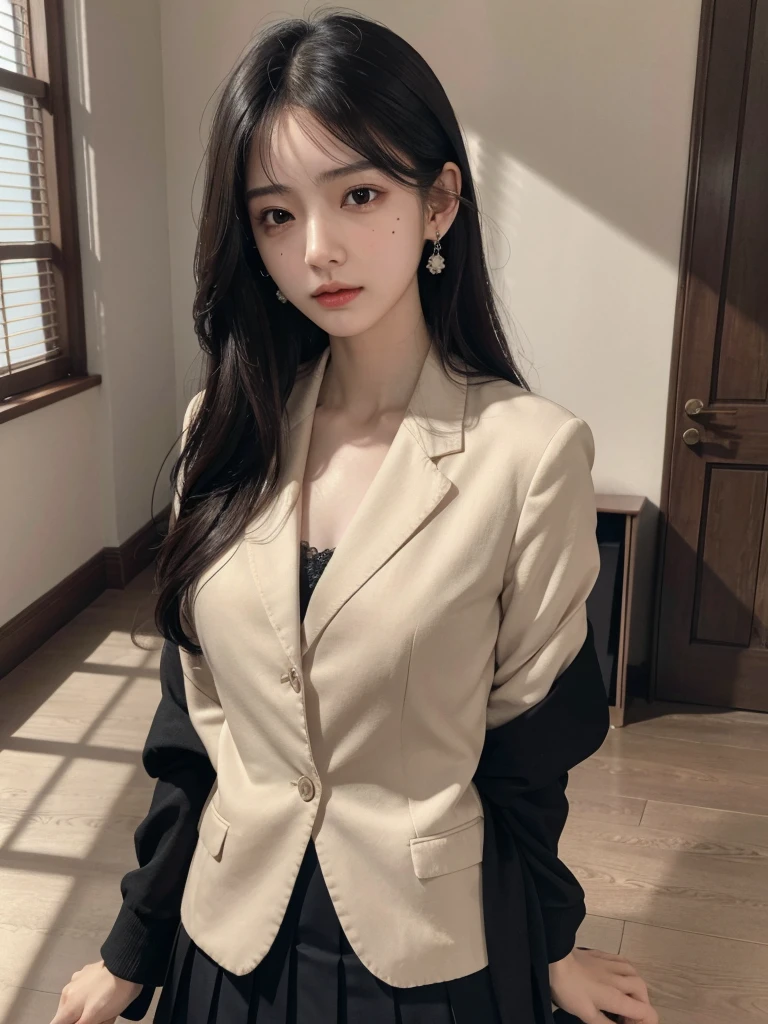 absurdres, RAW photo, extremely delicate and beautiful, masterpiece, Best Quality, ultra high resolution, 32k, hyperrealistic, ultra-detailed, in her 20s, delicate facial features, beautiful detailed girl, tearful mole, earring, medium breasts, full body shot, medium hair, black hair, school_uniform, blazer,