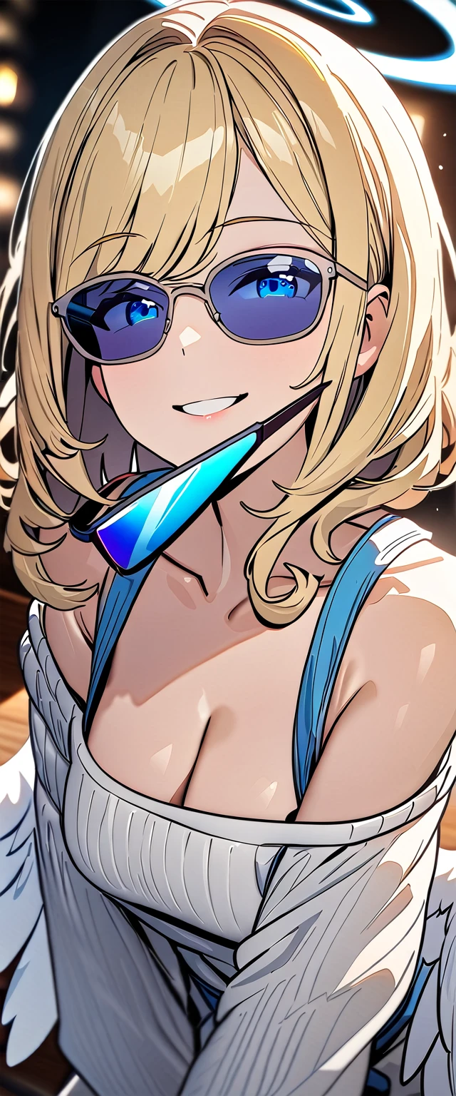 ((angel, big big white wings:1.3, halo:1.3)), ((from above)), (((sunglasses, hand to sunglasses))), (((cowboy shot))), archangel Uriel, ((wavy hair, inward curled hair)), evening, Sunset, ((blond hair, bob cut:1.3)), breasts, teenager, (looking at viewer), oversized clothes, puffy long sleeves, ((off-shoulder sweater:1.3, Quite thick shoulder straps)), ((white sweater)), collarbone, head tilt:1.3, (((blue eyes))), ((happy smile)), (((anime style))), (best quality, 4K, 8K, highres, masterpiece:1.2, ultra-detailed, ultra-detailed eyes, HDR, uhd, studio lighting, ultra-fine painting, sharp focus, physically-based rendering, extreme detail description, professional, vivid colors, bokeh)