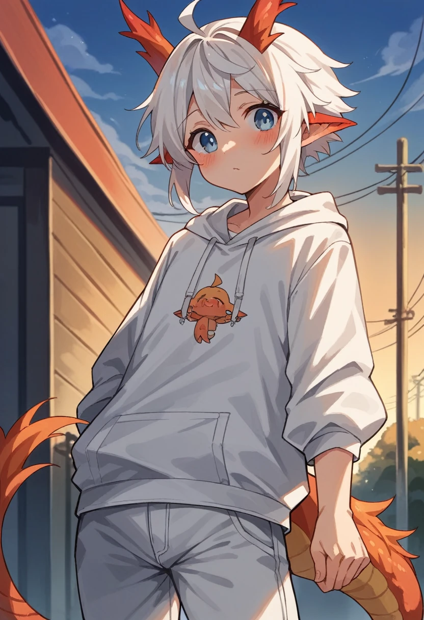 Light orange fur,White hair,Orange dragon tail,White hair at the end of the tail,White sweatshirt,hairy,God of Art Super Top Quality, Very detailed, high resolution, Anime cute art style, Best Animation, 8K, Barbecue sauce wallpaper, Pixiv Contest Winners, Perfect anatomical structure,blush , (of teenagers, 13 years old:1.3), high resolution详细的头发,white wide-leg pants,on the street,Blue sky,Sunset,Iris and pupil are well proportioned,Blue pupils,Red ears,single,Solitary