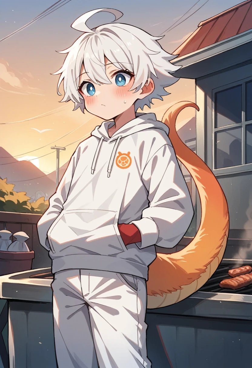 Light orange fur,White hair,Orange dragon tail,White hair at the end of the tail,White sweatshirt,hairy,God of Art Super Top Quality, Very detailed, high resolution, Anime cute art style, Best Animation, 8K, Barbecue sauce wallpaper, Pixiv Contest Winners, Perfect anatomical structure,blush , (of teenagers, 13 years old:1.3), high resolution详细的头发,white wide-leg pants,on the street,Blue sky,Sunset,Iris and pupil are well proportioned,Blue pupils,Red ears,single,Solitary