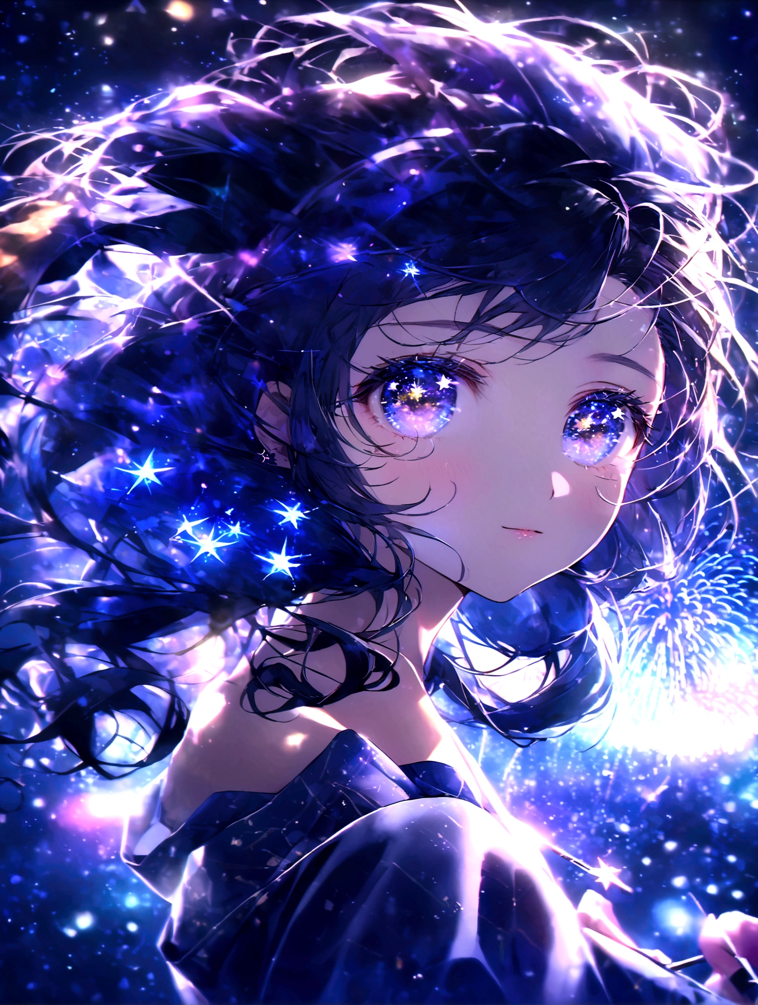 anime gile portrait,kawaii,fantastic style,one beautiful girl with starry eyes, upper body , 16-year-old girl, with deep purple hair, hair in a side ponytail decorated with star-shaped pins, golden amber eyes, wearing a traditional yukata in deep navy blue with gold star patterns, holding cotton candy, background of fireworks in the night sky, festival stalls adorned with lanterns, bustling star festival night, vibrant atmosphere with stall lights and starry fireworks , surrounded by stars,eyes sparkling like stars,best quality,ultra detailed,ultra high definition,high resolution,16k,ultra vibrant,natural light,starlight,soft light,Glowing Aura,the surroundings are shining,Mysterious, fantastic, super-detailed universe, stars twinkling and twinkling. Star Effects.light gradation watercolor , lens flare , glitter , glow ,