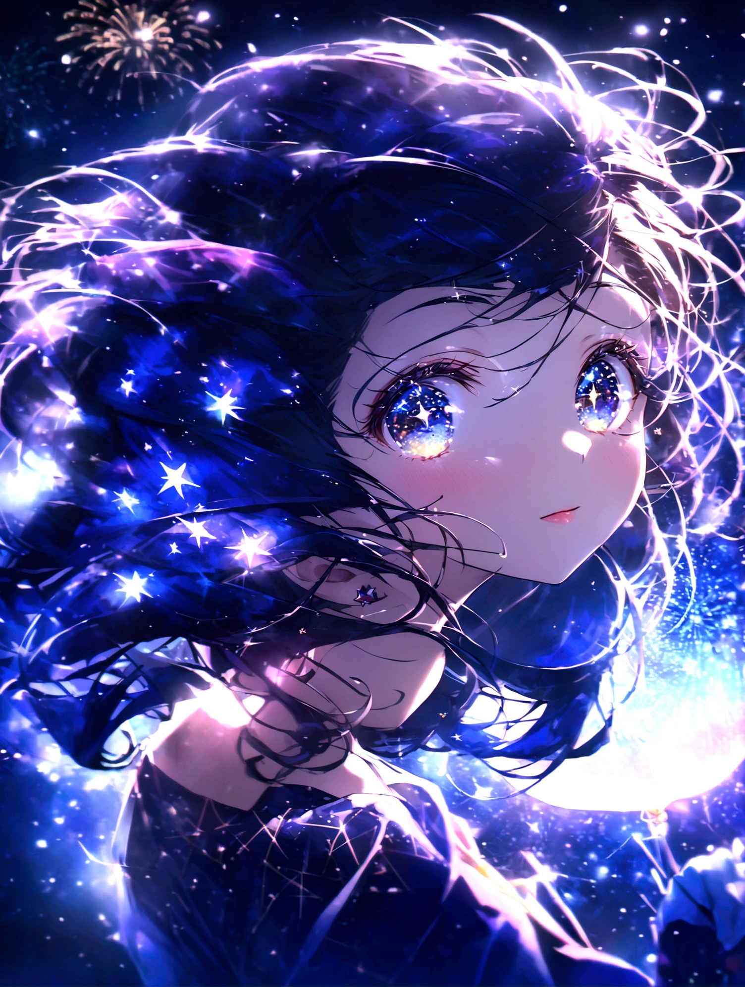 anime gile portrait,kawaii,fantastic style,one beautiful girl with starry eyes, upper body , 16-year-old girl, with deep purple hair, hair in a side ponytail decorated with star-shaped pins, golden amber eyes, wearing a traditional yukata in deep navy blue with gold star patterns, holding cotton candy, background of fireworks in the night sky, festival stalls adorned with lanterns, bustling star festival night, vibrant atmosphere with stall lights and starry fireworks , surrounded by stars,eyes sparkling like stars,best quality,ultra detailed,ultra high definition,high resolution,16k,ultra vibrant,natural light,starlight,soft light,Glowing Aura,the surroundings are shining,Mysterious, fantastic, super-detailed universe, stars twinkling and twinkling. Star Effects.light gradation watercolor , lens flare , glitter , glow , 