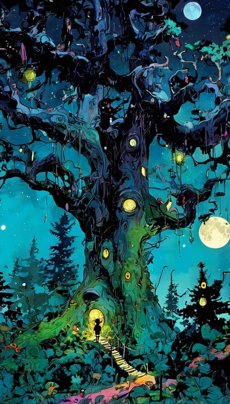 Giant trees, Impressive landscape, Small but interesting demons live in the trees, excellent, Night Sky, moon, Star, background, (Art inspired by Skottie Young and Bill Sienkiewicz). painting)
