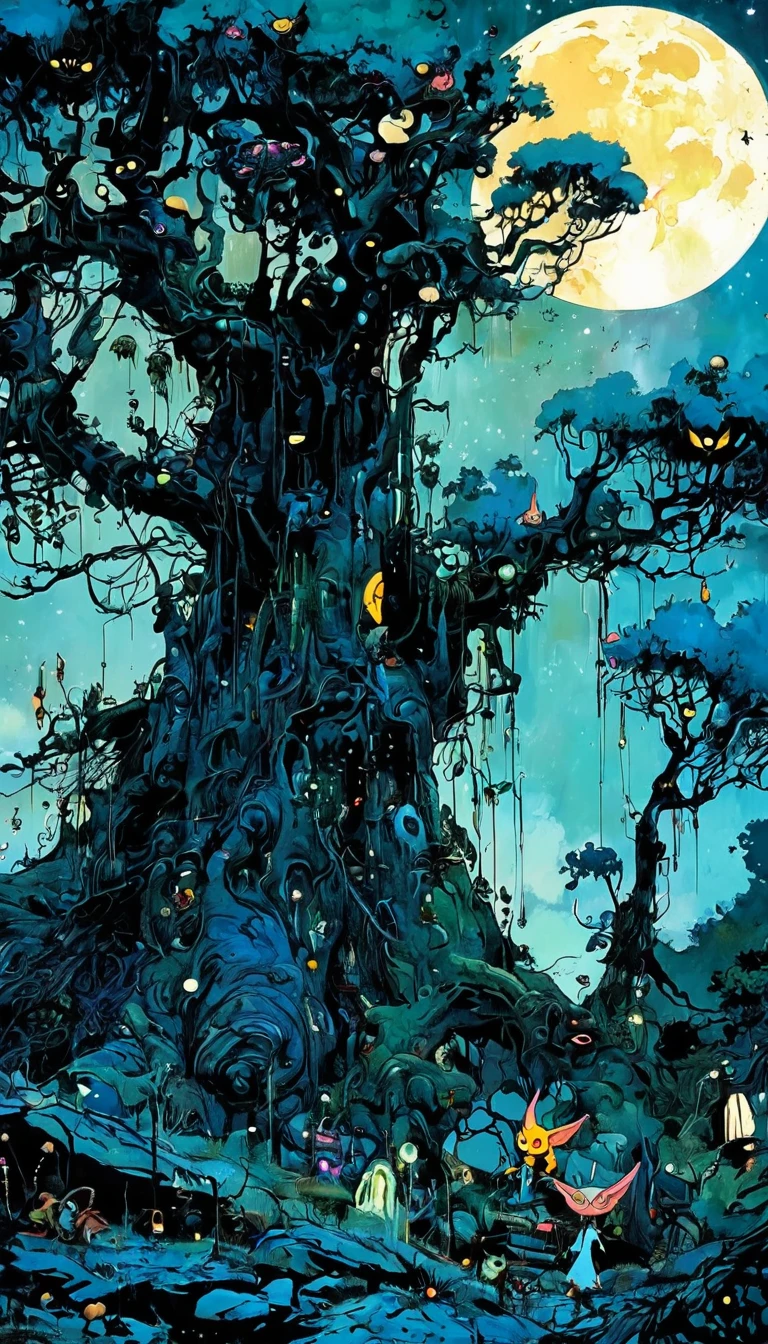 Giant trees, Impressive landscape, Small but interesting demons live in the trees, excellent, Night Sky, moon, Star, background, (Art inspired by Skottie Young and Bill Sienkiewicz). painting)