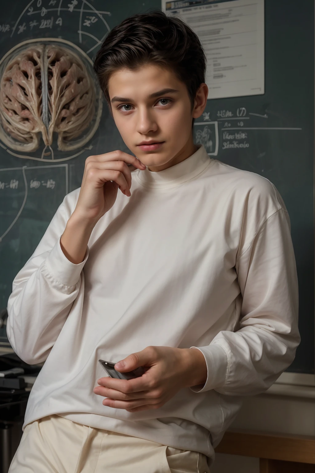 Beautiful young twink with a face with red makeup. He has black hair. He is wearing a white long-sleeved shirt and aqua blue pants. He is in his scientific office, and behind him is a blackboard on which the shape of the brain and its anatomy are written in precision and detail. He looks on proudly with a bloodied human brain in his hand.