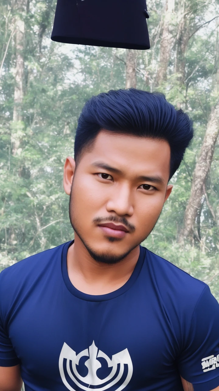 syahnk, masterpiece, best quality, highres, realistic, a male muscular bounty hunter, silk t-shirt, brown chaps, handsome face, star wars, standing in a forest, looking at the camera, Hypman