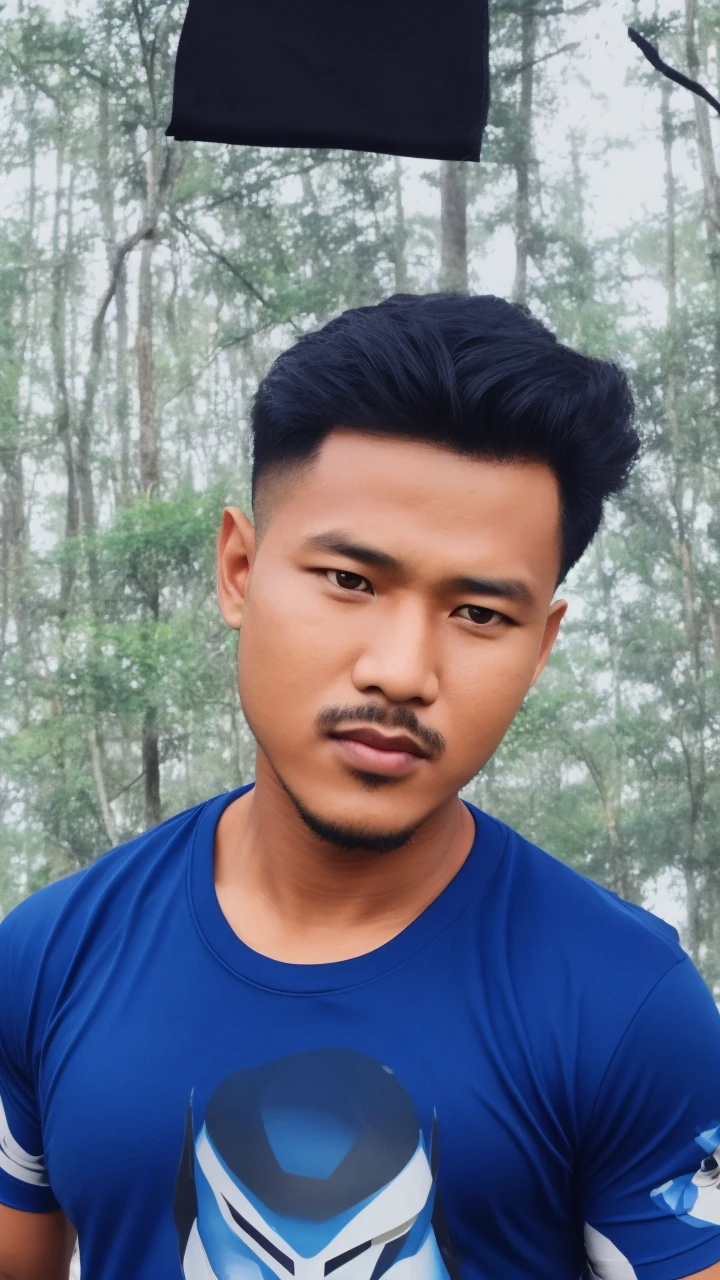 syahnk, masterpiece, best quality, highres, realistic, a male muscular bounty hunter, silk t-shirt, brown chaps, handsome face, star wars, standing in a forest, looking at the camera, Hypman