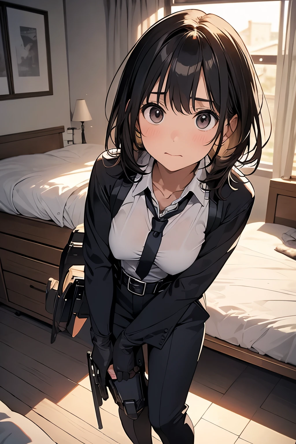 1 female, , high quality, masterpiece, Ultra-high resolution, , Cinema Lighting, , , And the suspenders with the cranes flying Moderate breasts Small face holster Lying in bed Looking up Sweat belt summer 脇Sweat Black Hole Gloves suit shirt Black jacket Black trousers Leg Links ズボンにbelt holster Hands behind your back Anxious expression Looking up Anxious face