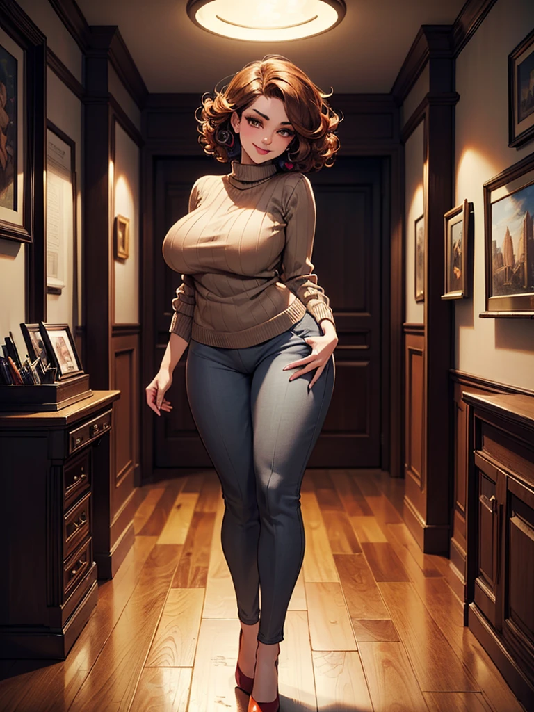 solo, (brown sweater), (gray pants), seductive smiling, (((standing to camera))), (red heels), (brown eyeshadow), (brown curly hair), ((voluptuous body)), (perky butt), (((mother))), radiant lighting, vibrant colors, whimsical atmosphere, 8K, high resolution, highly detailed, masterpiece, vibrant and luminous, dynamic and imaginative, beautiful and enchanting, charming and captivating