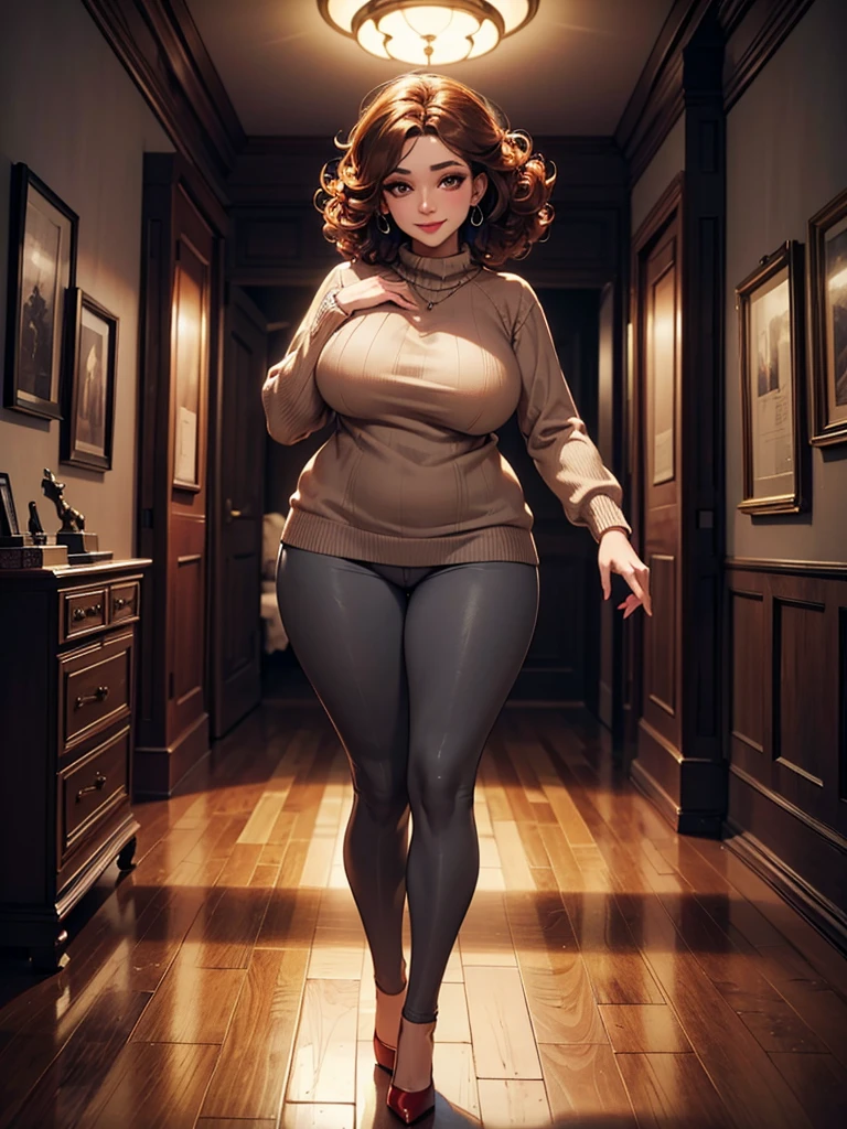 solo, (brown sweater), (gray pants), seductive smiling, (((standing to camera))), (red heels), (brown eyeshadow), (brown curly hair), ((voluptuous body)), (perky butt), (((mother))), radiant lighting, vibrant colors, whimsical atmosphere, 8K, high resolution, highly detailed, masterpiece, vibrant and luminous, dynamic and imaginative, beautiful and enchanting, charming and captivating