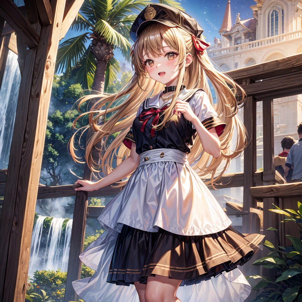 Red, brown, gold, gold hair、Golden Eyes、Hair tied up、One good looking girl、solo、anime、Checkered mini skirt、Ruffles on the skirt、Checked dress、blouse、school uniform、Black knee-high socks、Wearing a baseball cap、Ribbon、Ribbon on waist、Teeth are visible、Silver coin necklace、From above、Cobblestones、waterfall、Starry Sky、Midnight Moon、suspension bridge、Soap bubbles are flying、beam、Standing still、Eight Towers、Palm Tree、Transparent、Dragon flying、Sandy Beach、time and space