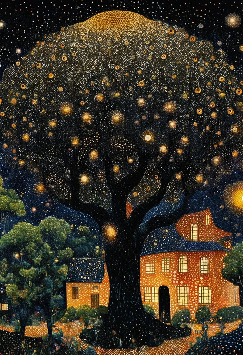 Georges Seurat：Strange illustration，Pointillism method，Trypophobia，Building on tree tops，Eye，unrealistic，Strong visual impact，black background，Star