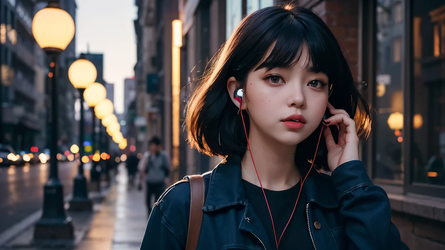 There is a woman talking on a mobile phone, digital art Ilya Kuvshinov, earphone, Ilya Kuvshinov. 4k yen, breathtaking Ilya Kuvshinov, Hyper-realistic digital art, Girl wearing headphones, Photorealistic digital painting, Gweiz-style artwork, style of alena aenami, Ilya Kuvshinov landscape