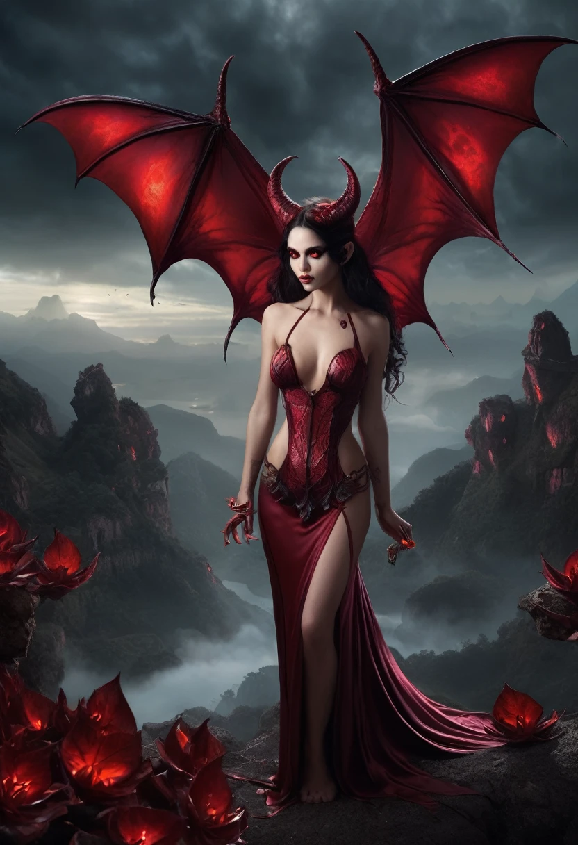 Create an image of a succubus. The succubus should be an impossibly seductive and enchanting woman with bat-like wings, a long, sinuous tail, and glowing red eyes. Her beauty is otherworldly, with an alluring smile that hints at hidden danger. The background is a shadowy, dreamlike landscape with floating islands and a sky filled with swirling, colorful mists.