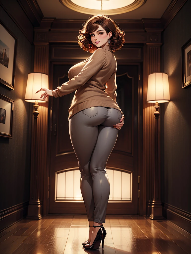 solo, (brown sweater), (gray pants), seductive smiling, (((standing to camera))), (red heels), (brown eyeshadow), (brown curly hair), ((voluptuous body)), (perky butt), (((mother))), radiant lighting, vibrant colors, whimsical atmosphere, 8K, high resolution, highly detailed, masterpiece, vibrant and luminous, dynamic and imaginative, beautiful and enchanting, charming and captivating