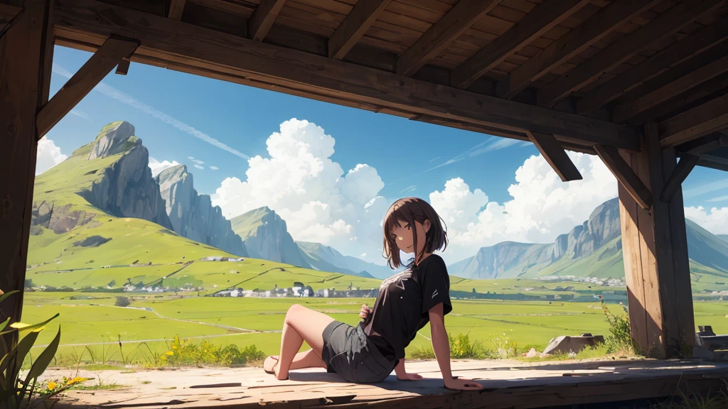 A girl resting on a scenic plain