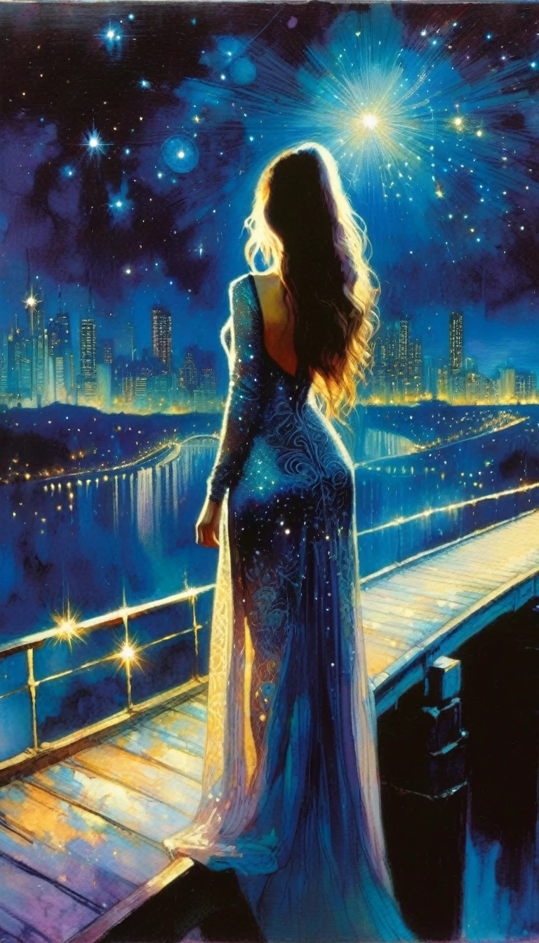 woman with long hair, sexy, with embroidered dress, magic, fantasy, night sky, stars, on a bridge overlooking the city (art inspired in Bill Sienkiewicz). oil painting)