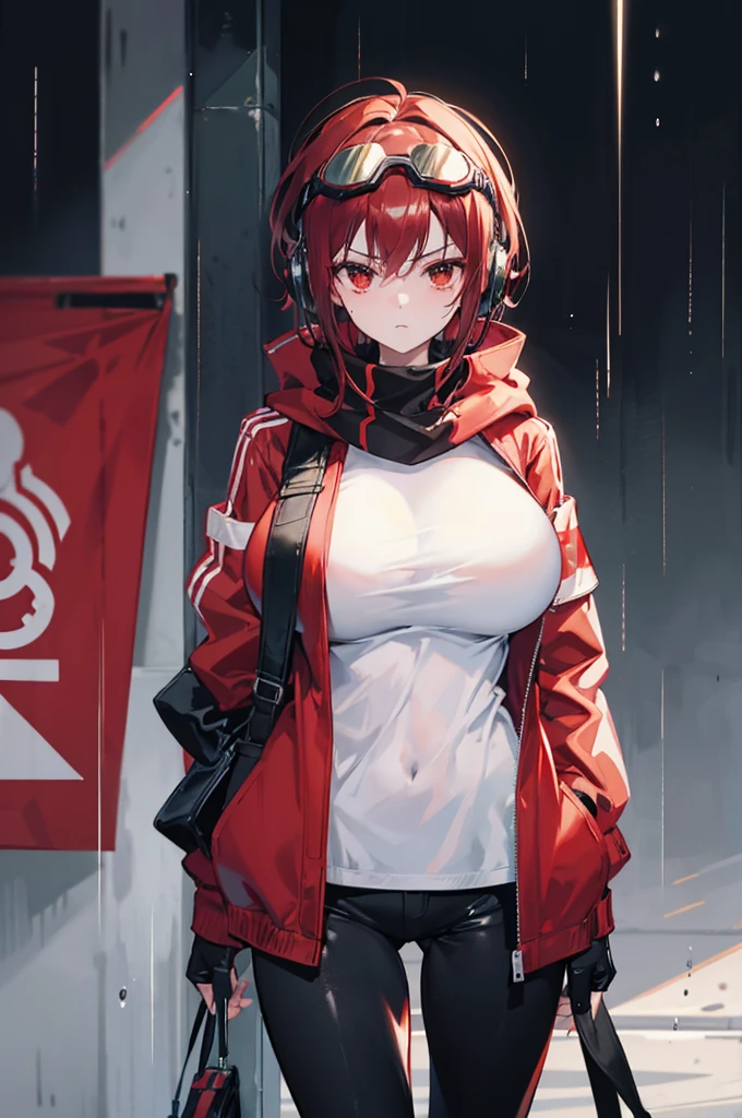 tall cute woman, massive breasts, wearing an opened red jacket with a white t-shirt, also wearing black pants, She has short dark red hair, wears a striped red and black scarf, also wearing red headphones, and a utility belt slinged across her shoulder, she is also wearing ski goggles on her head. She has a cold stern look on her face, arms and hands behind her back, Rainy dark background, masterpiece, best quality