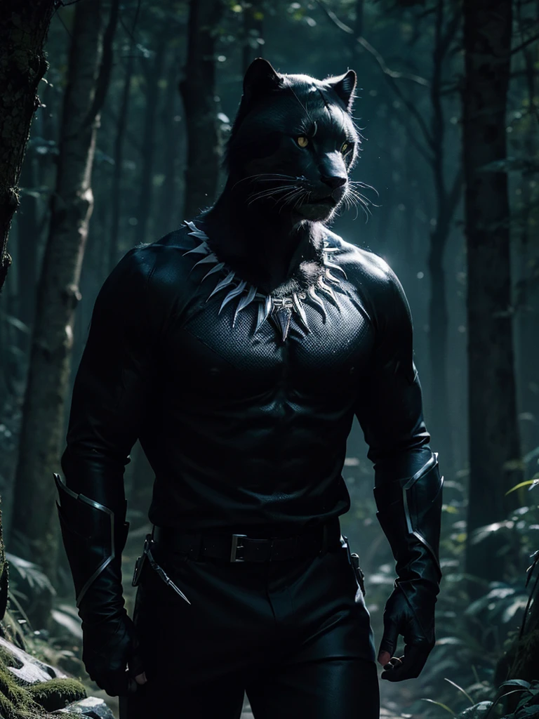 Practical, high resolution, High-resolution details，Beautiful Korean beauty in the forest，Leading an adult spotted black panther，Domineering and sharp eyes，night，Dark Tones