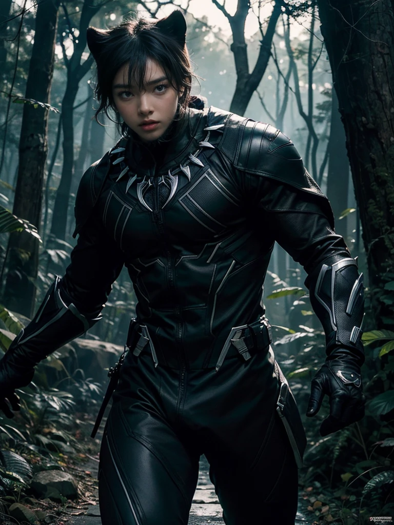 Practical, high resolution, High-resolution details，Beautiful Korean beauty in the forest，Leading an adult spotted black panther，Domineering and sharp eyes，night，Dark Tones