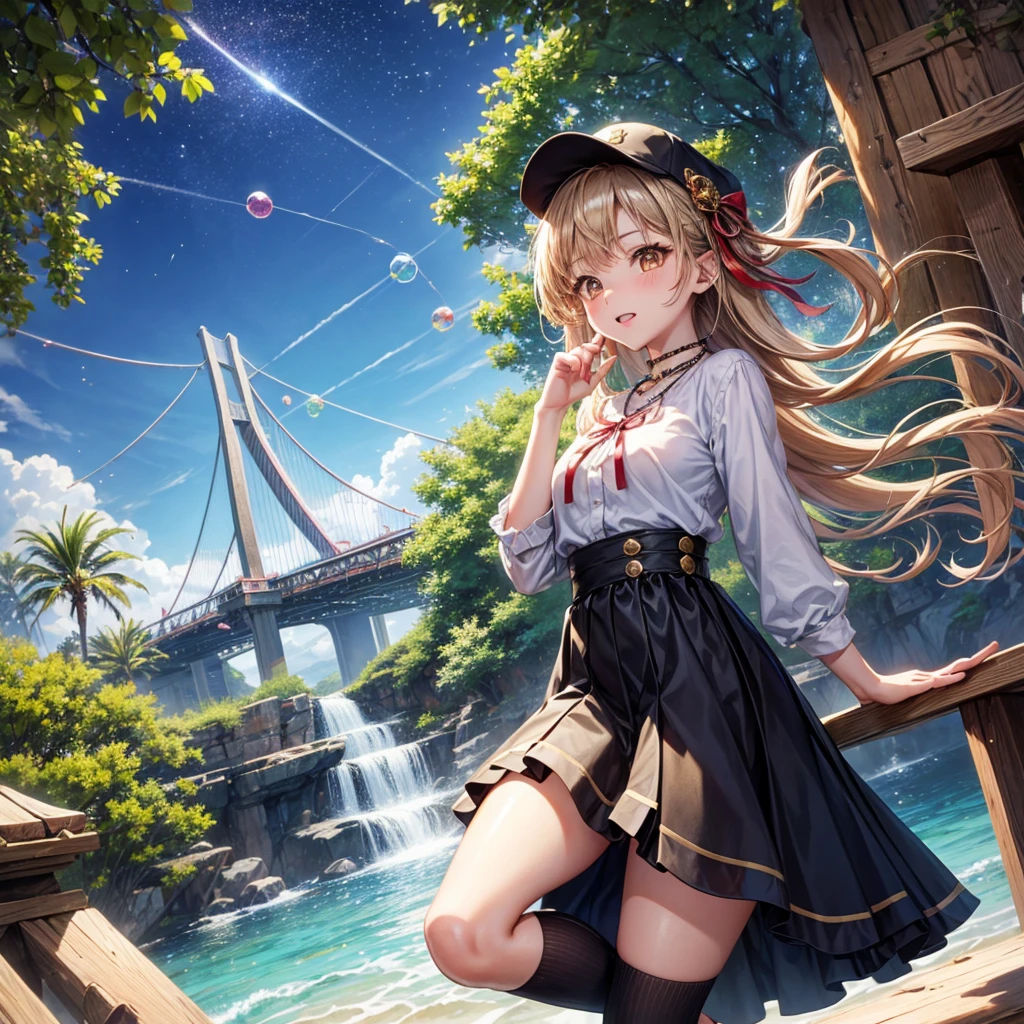 Red, brown, gold, gold hair、Golden Eyes、Hair tied up、One good looking girl、solo、anime、Checkered mini skirt、Ruffles on the skirt、Checked dress、blouse、school uniform、Black knee-high socks、Wearing a baseball cap、Ribbon、Ribbon on waist、Teeth are visible、Silver coin necklace、From above、Cobblestones、waterfall、Starry Sky、Midnight Moon、suspension bridge、Soap bubbles are flying、beam、Standing still、Eight Towers、Palm Tree、Transparent、Dragon flying、Sandy Beach、time and space