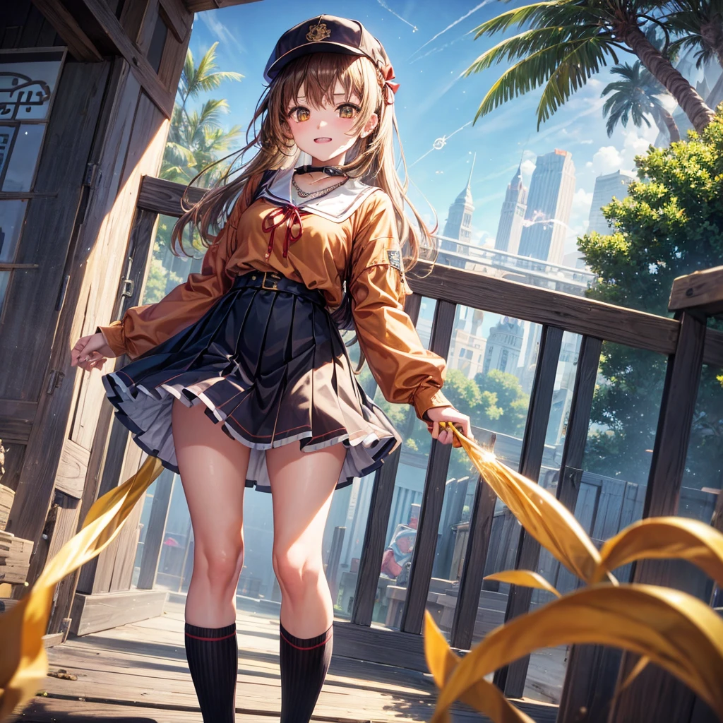 Red, brown, gold, gold hair、Golden Eyes、Hair tied up、One good looking girl、solo、anime、Checkered mini skirt、Ruffles on the skirt、Checked dress、blouse、school uniform、Black knee-high socks、Wearing a baseball cap、Ribbon、Ribbon on waist、Teeth are visible、Silver coin necklace、From above、Cobblestones、waterfall、Starry Sky、Midnight Moon、suspension bridge、Soap bubbles are flying、beam、Standing still、Eight Towers、Palm Tree、Transparent、Dragon flying、Sandy Beach、time and space
