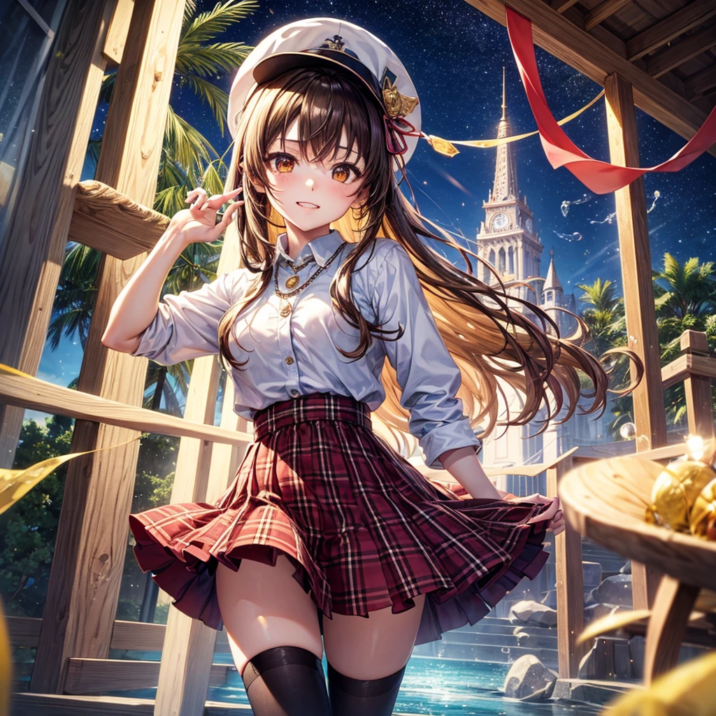 Red, brown, gold, gold hair、Golden Eyes、Hair tied up、One good looking girl、solo、anime、Checkered mini skirt、Ruffles on the skirt、Checked dress、blouse、school uniform、Black knee-high socks、Wearing a baseball cap、Ribbon、Ribbon on waist、Teeth are visible、Silver coin necklace、From above、Cobblestones、waterfall、Starry Sky、Midnight Moon、suspension bridge、Soap bubbles are flying、beam、Standing still、Eight Towers、Palm Tree、Transparent、Dragon flying、Sandy Beach、time and space