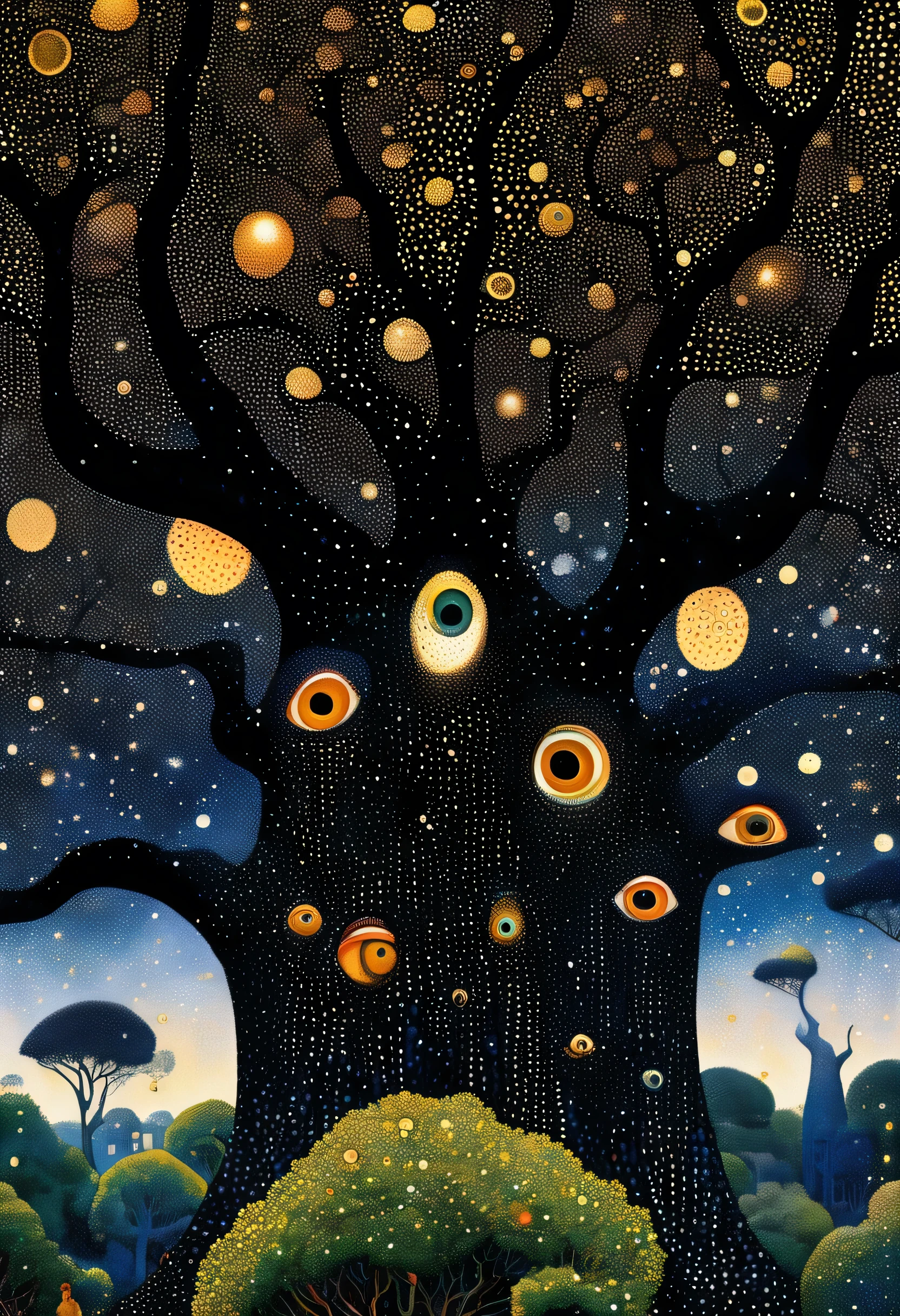 Georges Seurat:Strange illustration,Pointillism method,Trypophobia,Building on tree tops,Eye,unrealistic,Strong visual impact,black background,Star