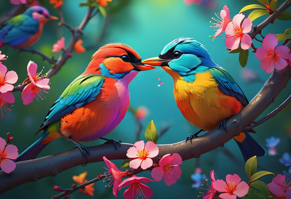 Two beautiful little colorful birds perched on a tree branch with flowers in the background, Kissing face to face,Beautiful digital art, Colors with attention to detail, Highly detailed digital artwork, cgsociety, 3DCG,Highly detailed color low poly art, Highly detailed digital art, Vibrant and realistic colors, Beeple and Jeremiah Kettner, Colorful digital painting, Amazing digital illustrations, high quality digital painting,