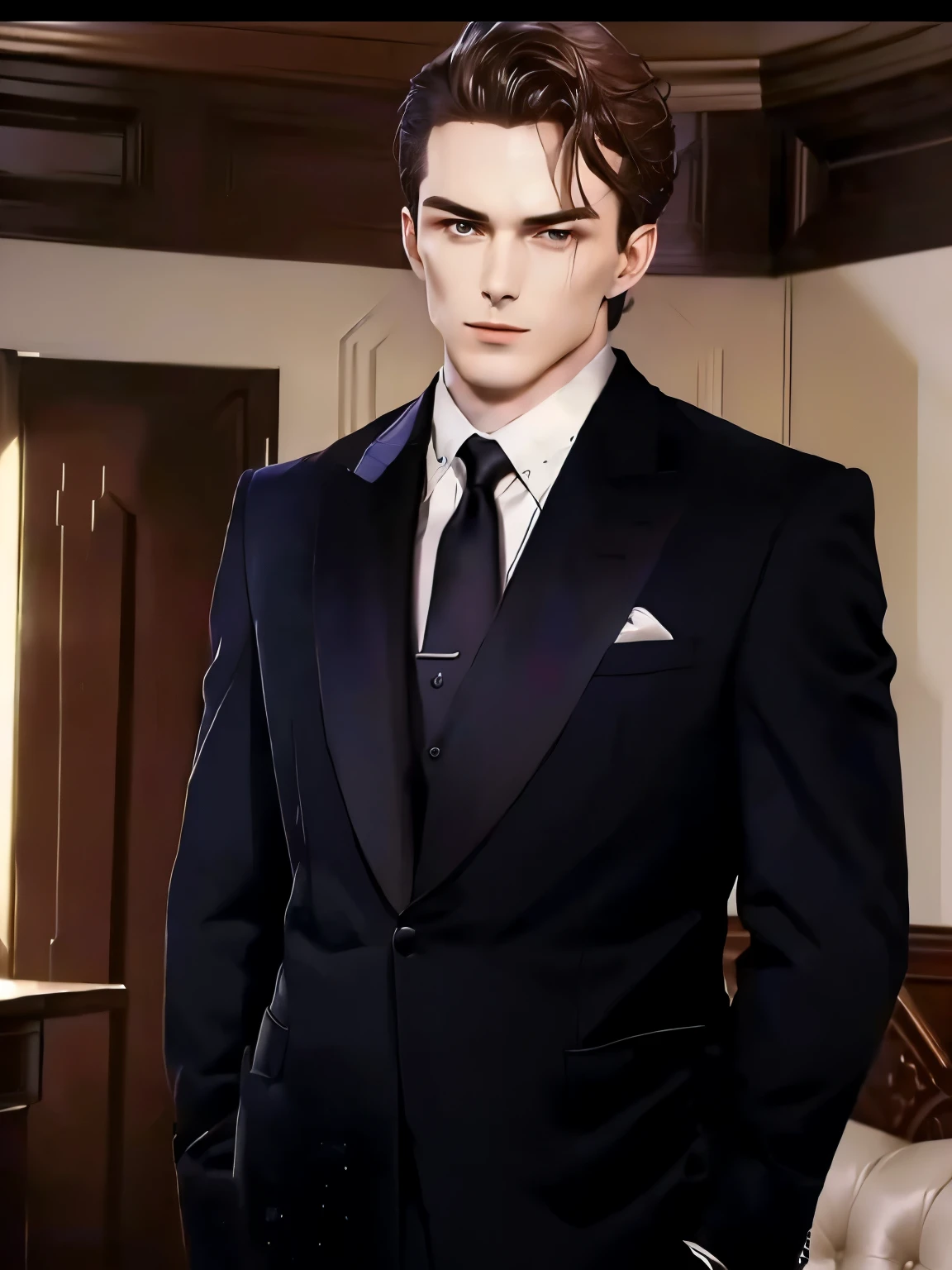 there is a man in a suit and tie standing in a room, in a strict suit, he is wearing a suit, handsome and elegant, in strict suit, suit , perfect face, in his suit, wearing a strict business suit, wearing a black noble suit, clothed in ancient suit, handsome stunning realistic, creepy uncanny valley, well-groomed model