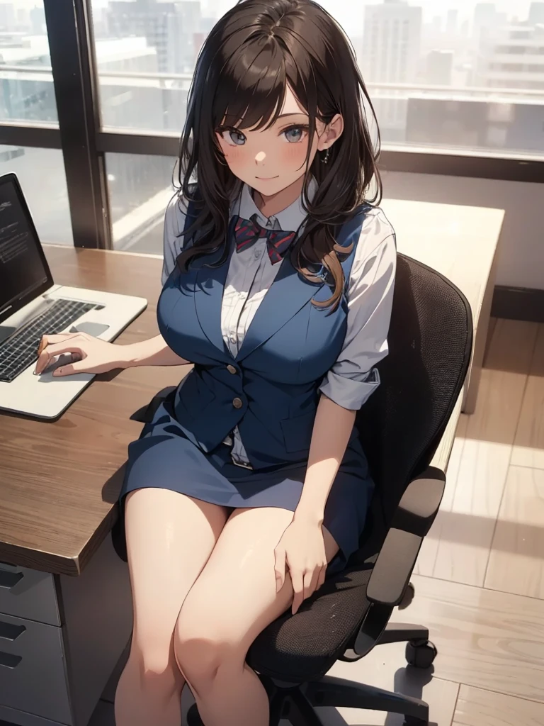 1lady solo, sitting, (from above), office worker, ((blue vest) over white dress shirt), mature female, /(dark brown hair/), kind smile, (masterpiece best quality:1.2) delicate illustration ultra-detailed, large breasts,bowtie BREAK (modern office) indoors, (reception desk), entrance, detailed background