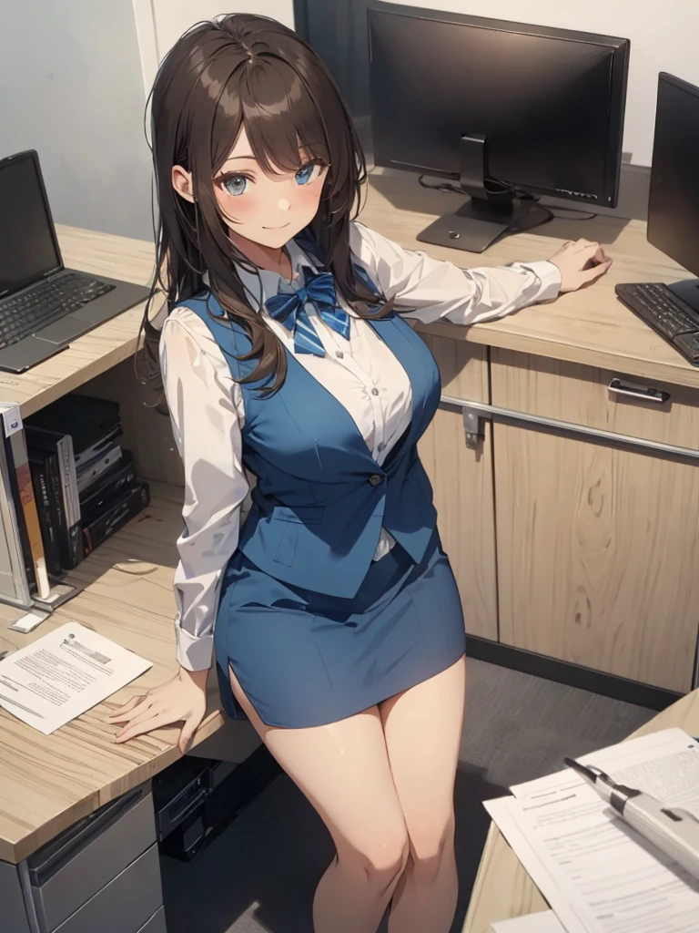 1lady solo, sitting, (from above), office worker, ((blue vest) over white dress shirt), mature female, /(dark brown hair/), kind smile, (masterpiece best quality:1.2) delicate illustration ultra-detailed, large breasts,bowtie BREAK (modern office) indoors, (reception desk), entrance, detailed background